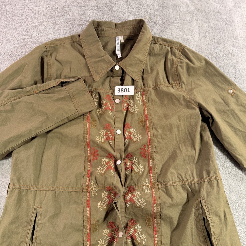 Monoreno Jacket Women Large Olive Green Embroidered Snap Button Front Cotton
